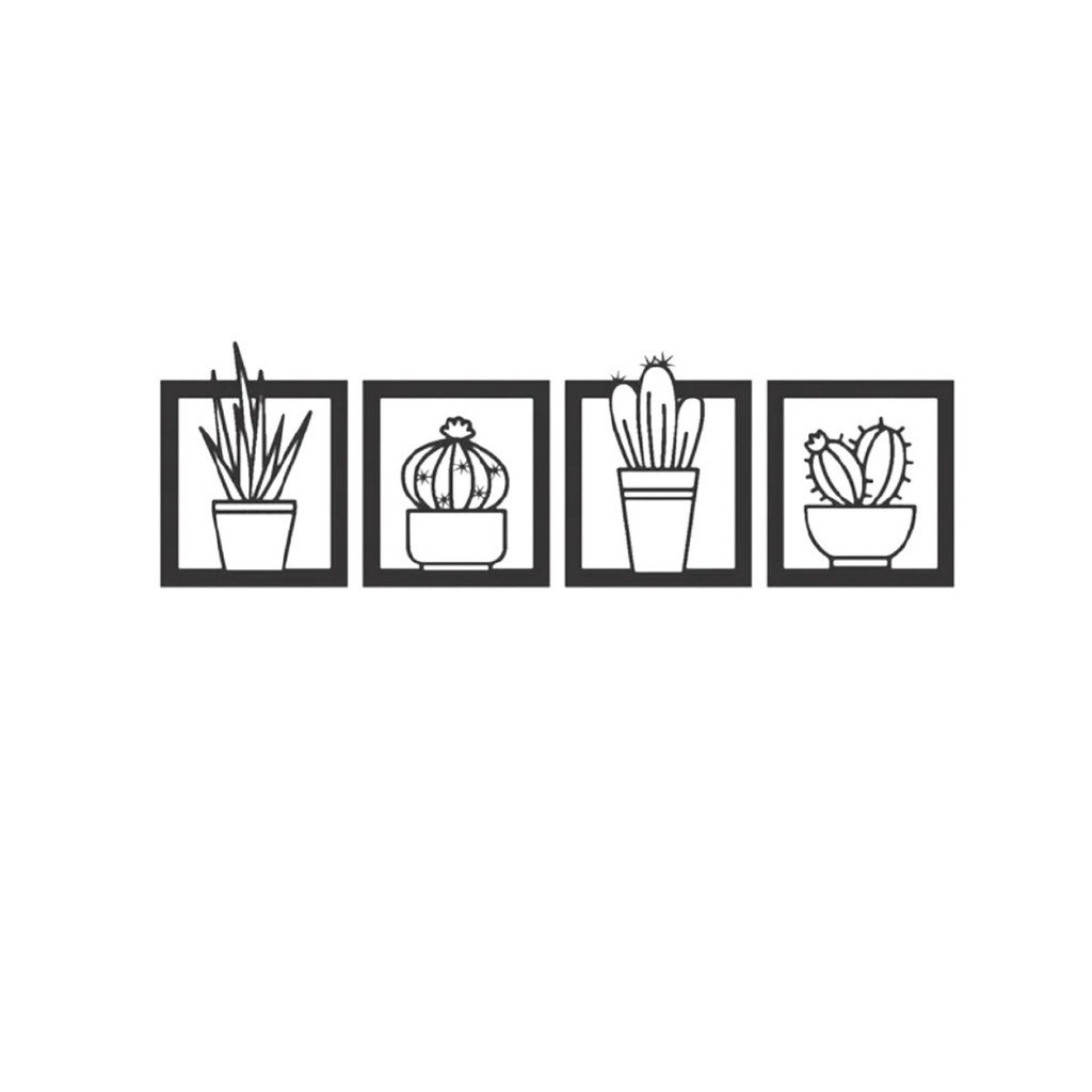 Kit de 4 Quadros Decorativos Vazados Cactos Plantas 18x16cm MDF 3mm Preto